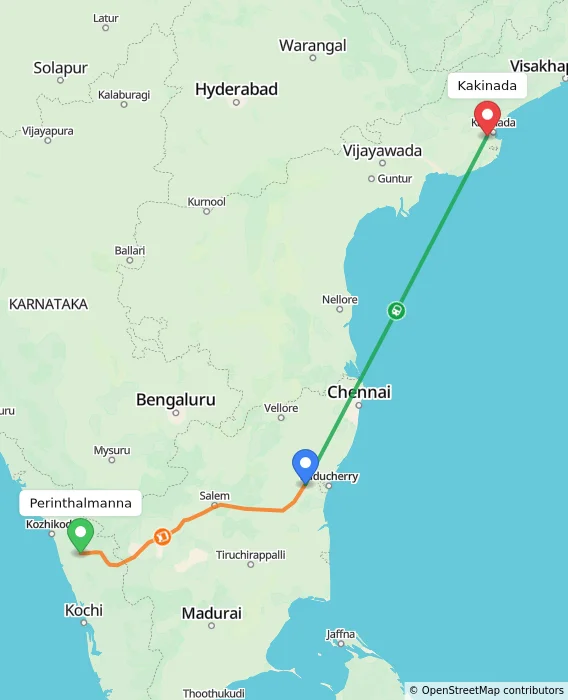 Route map showing distance and travel time from Perinthalmanna, India to Kakinada, India