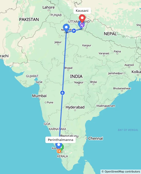 Route map showing distance and travel time from Perinthalmanna, India to Kausani, India