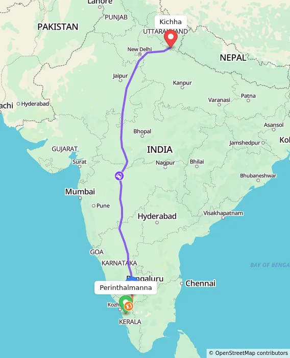Route map showing distance and travel time from Perinthalmanna, India to Kichha, India