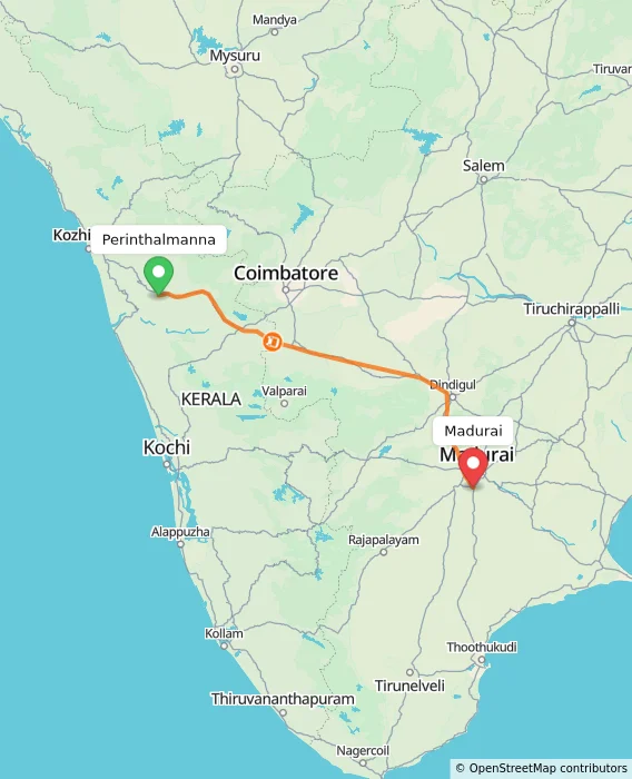 Route map showing distance and travel time from Perinthalmanna, India to Madurai, India