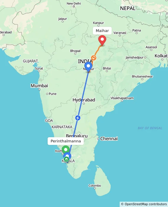 Route map showing distance and travel time from Perinthalmanna, India to Maihar, India