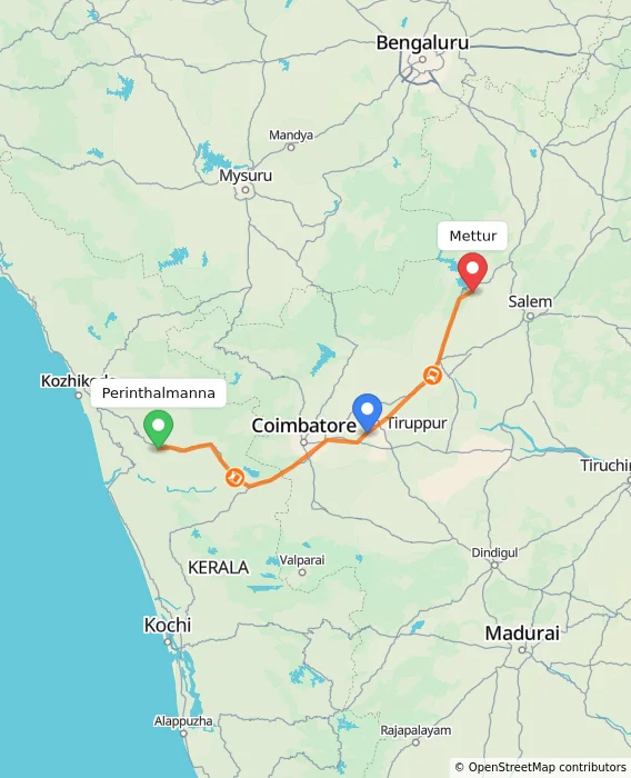 Route map showing distance and travel time from Perinthalmanna, India to Mettur, India