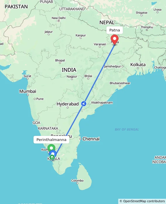 Route map showing distance and travel time from Perinthalmanna, India to Patna, India