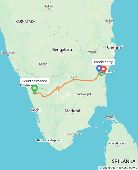 Route map showing distance and travel time from Perinthalmanna, India to Puducherry, India