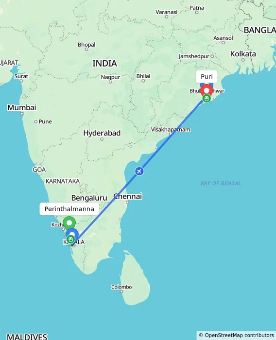 Route map showing distance and travel time from Perinthalmanna, India to Puri, India