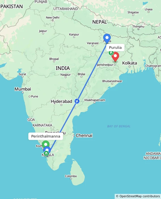 Route map showing distance and travel time from Perinthalmanna, India to Purulia, India