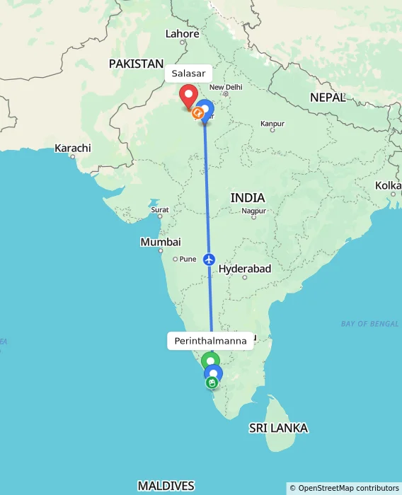 Route map showing distance and travel time from Perinthalmanna, India to Salasar, India