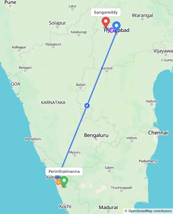 Route map showing distance and travel time from Perinthalmanna, India to Sangareddy, India