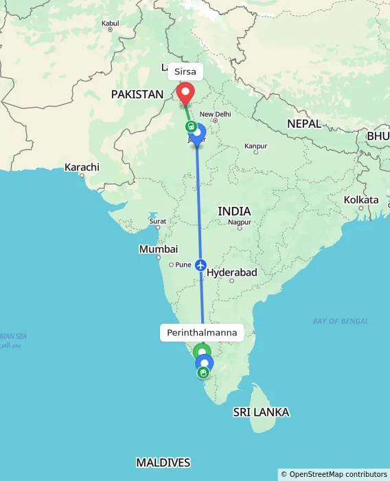 Route map showing distance and travel time from Perinthalmanna, India to Sirsa, India