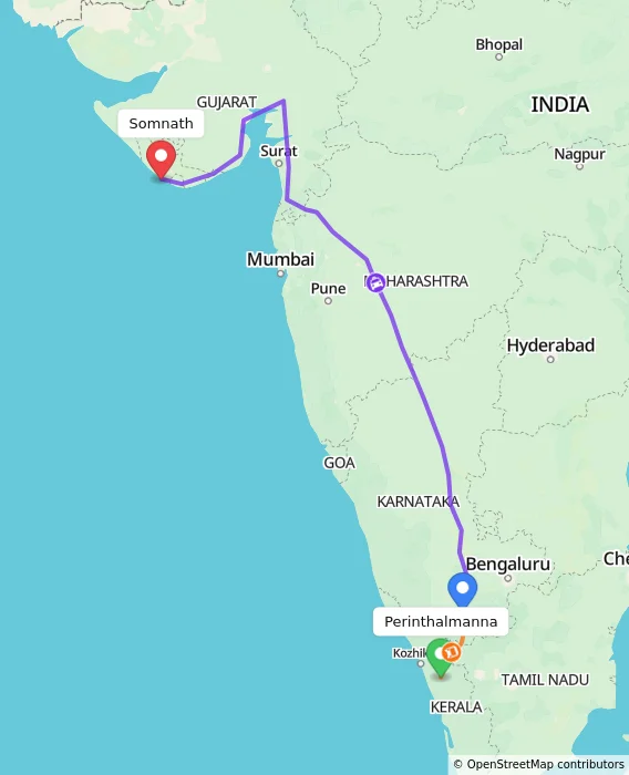 Route map showing distance and travel time from Perinthalmanna, India to Somnath, India