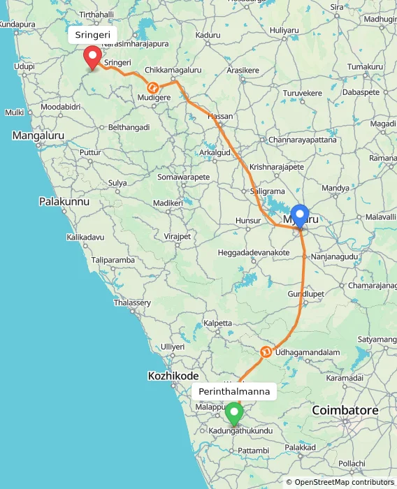 Route map showing distance and travel time from Perinthalmanna, India to Sringeri, India