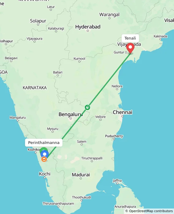 Route map showing distance and travel time from Perinthalmanna, India to Tenali, India