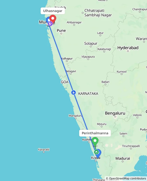 Route map showing distance and travel time from Perinthalmanna, India to Ulhasnagar, India