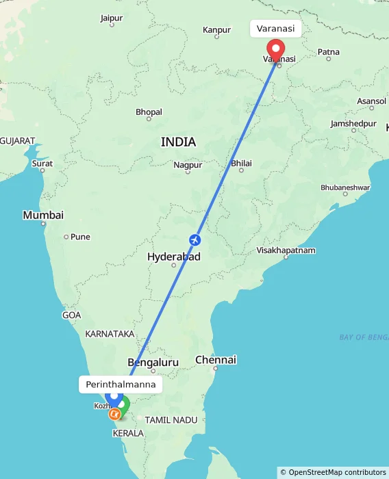 Route map showing distance and travel time from Perinthalmanna, India to Varanasi, India