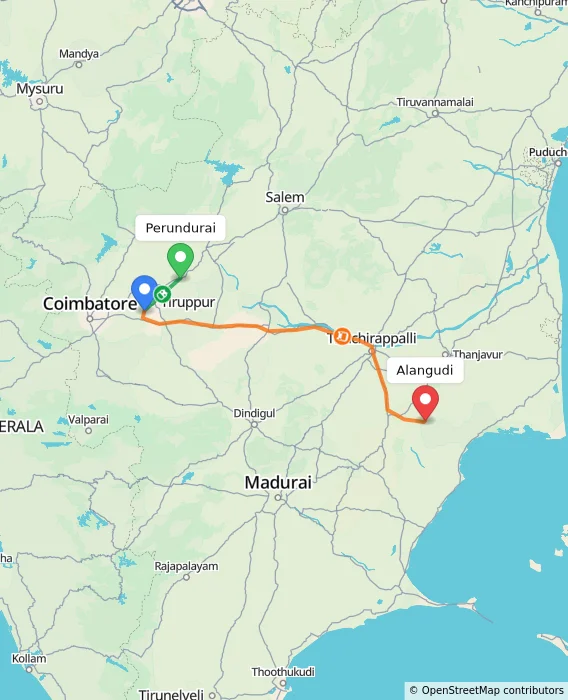 Route map showing distance and travel time from Perundurai, India to Alangudi, India