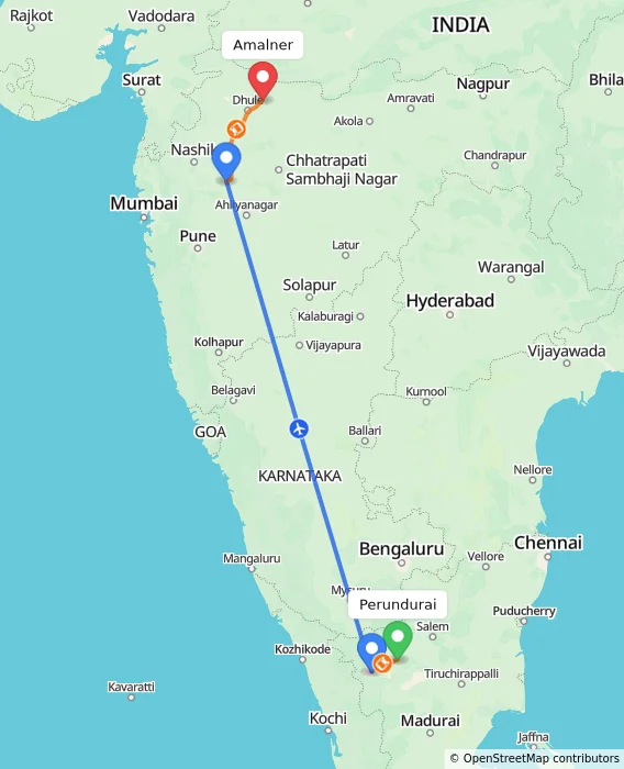 Route map showing distance and travel time from Perundurai, India to Amalner, India