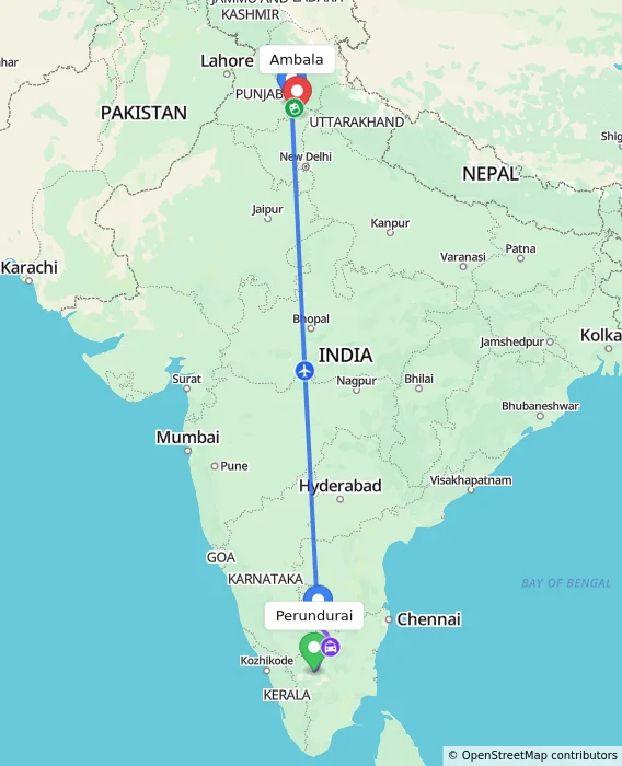 Route map showing distance and travel time from Perundurai, India to Ambala, India