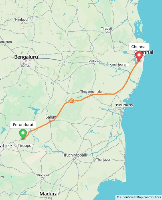 Route map showing distance and travel time from Perundurai, India to Chennai, India