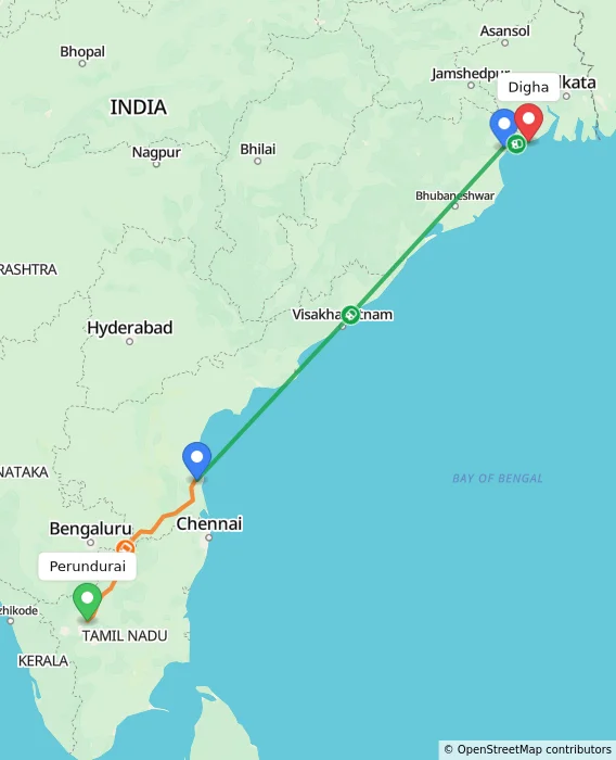 Route map showing distance and travel time from Perundurai, India to Digha, India