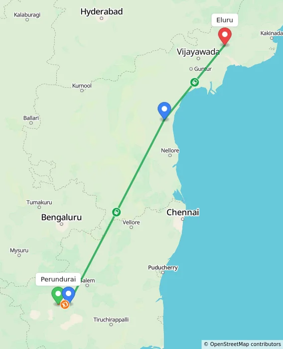 Route map showing distance and travel time from Perundurai, India to Eluru, India