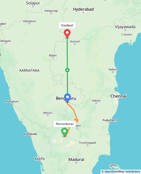 Route map showing distance and travel time from Perundurai, India to Gadwal, India