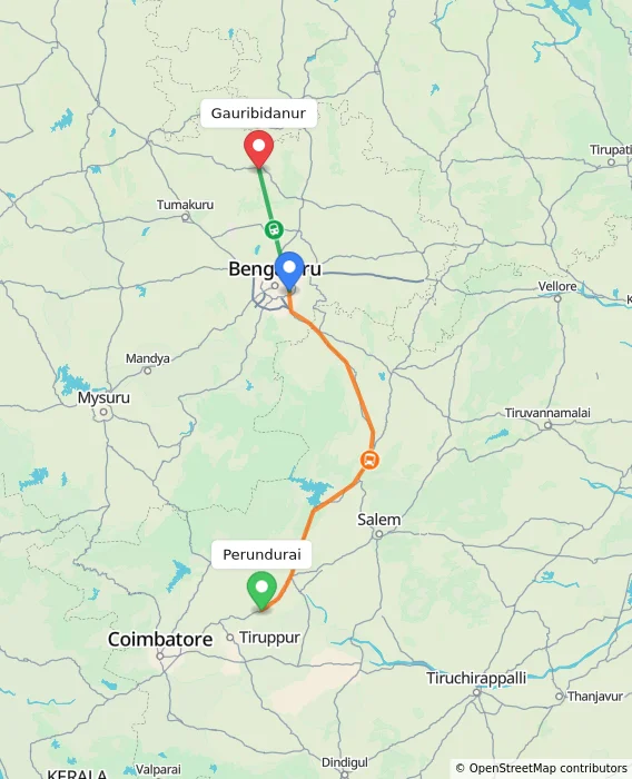 Route map showing distance and travel time from Perundurai, India to Gauribidanur, India
