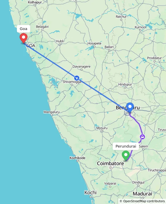 Route map showing distance and travel time from Perundurai, India to Goa, India