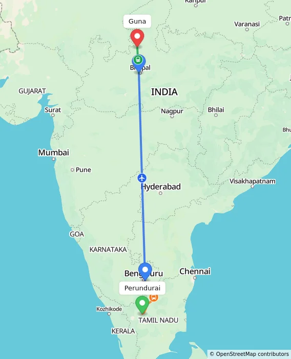 Route map showing distance and travel time from Perundurai, India to Guna, India