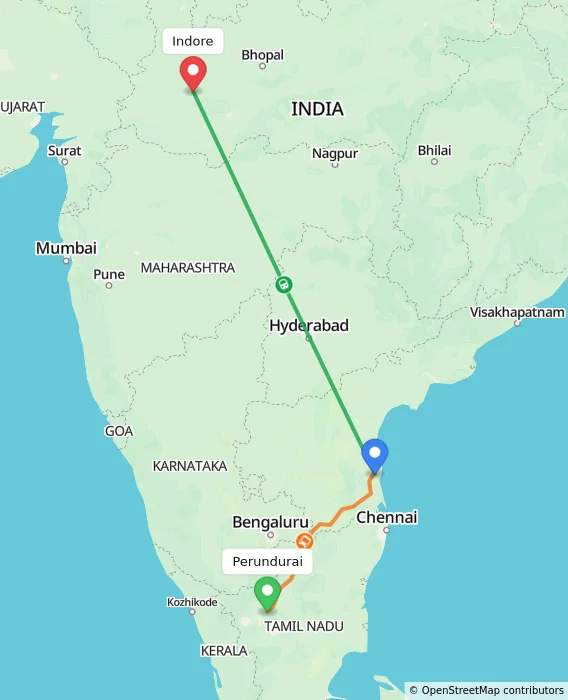 Route map showing distance and travel time from Perundurai, India to Indore, India