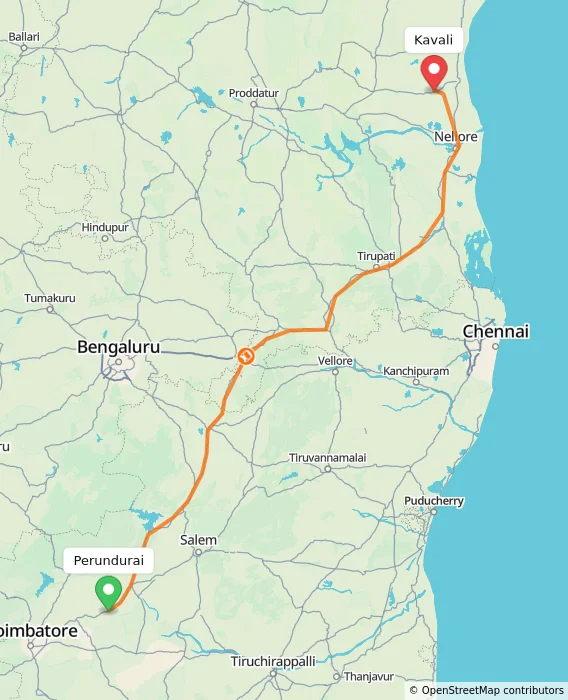 Route map showing distance and travel time from Perundurai, India to Kavali, India