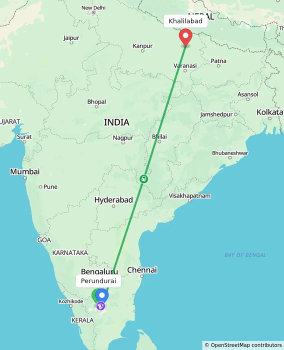 Route map showing distance and travel time from Perundurai, India to Khalilabad, India