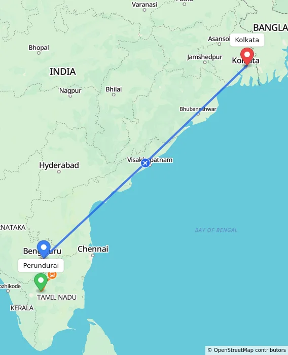 Route map showing distance and travel time from Perundurai, India to Kolkata, India