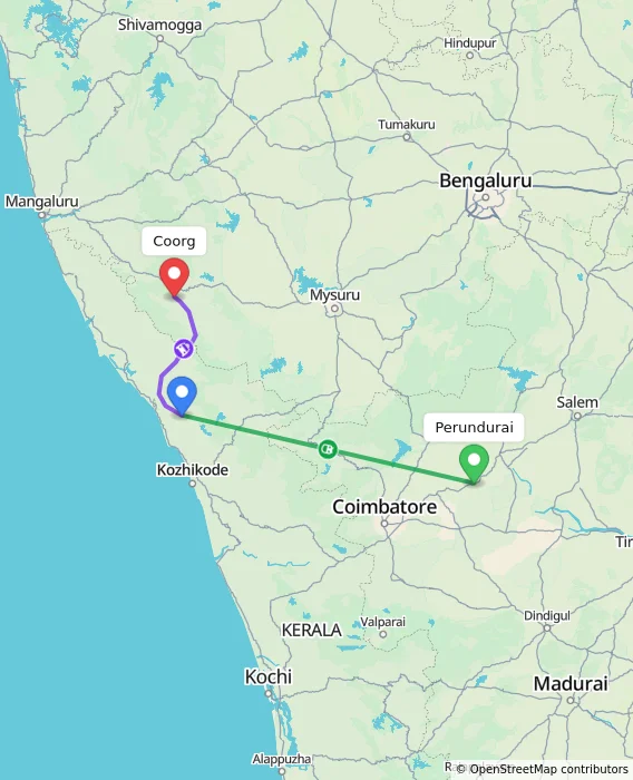 Route map showing distance and travel time from Perundurai, India to Madikeri, India