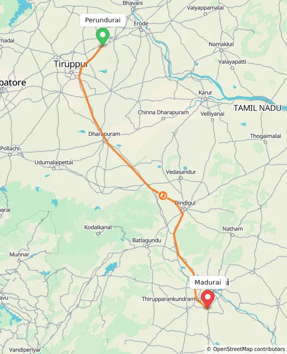 Route map showing distance and travel time from Perundurai, India to Madurai, India