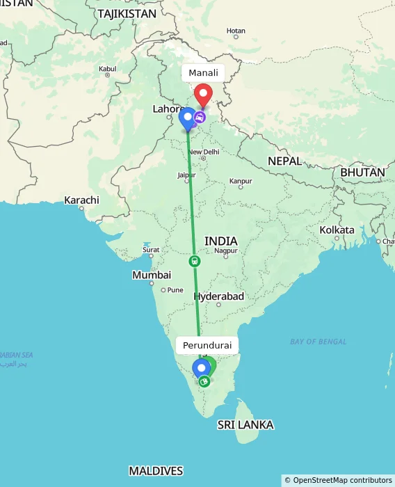 Route map showing distance and travel time from Perundurai, India to Manali, India