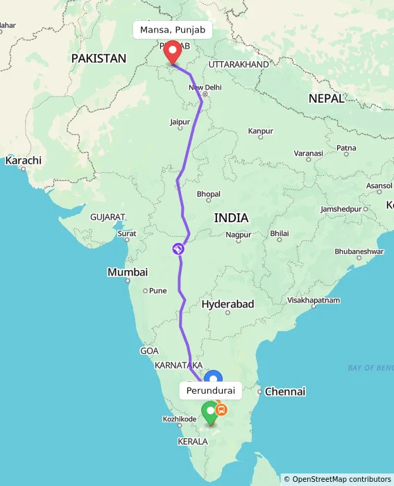 Route map showing distance and travel time from Perundurai, India to Mansa, Punjab, India