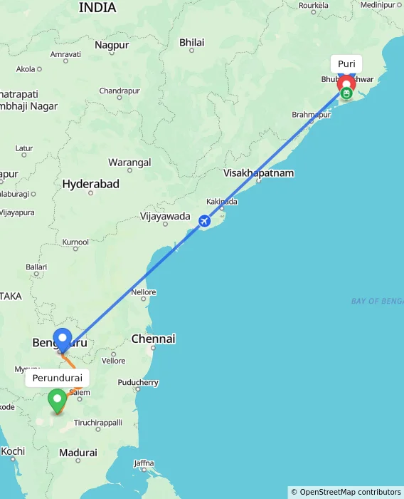 Route map showing distance and travel time from Perundurai, India to Puri, India