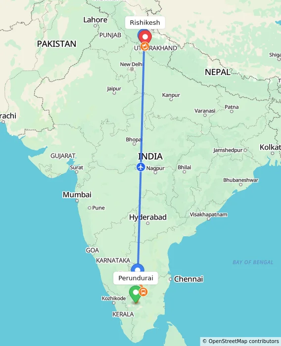 Route map showing distance and travel time from Perundurai, India to Rishikesh, India