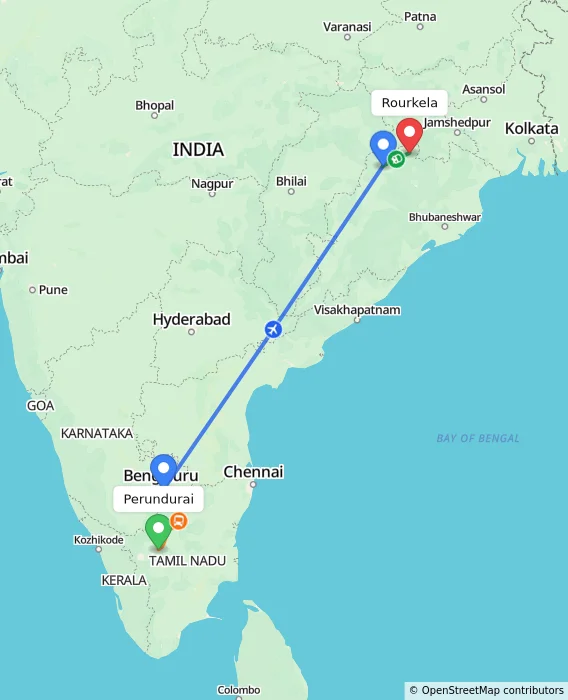 Route map showing distance and travel time from Perundurai, India to Rourkela, India