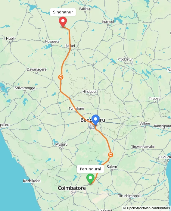 Route map showing distance and travel time from Perundurai, India to Sindhanur, India