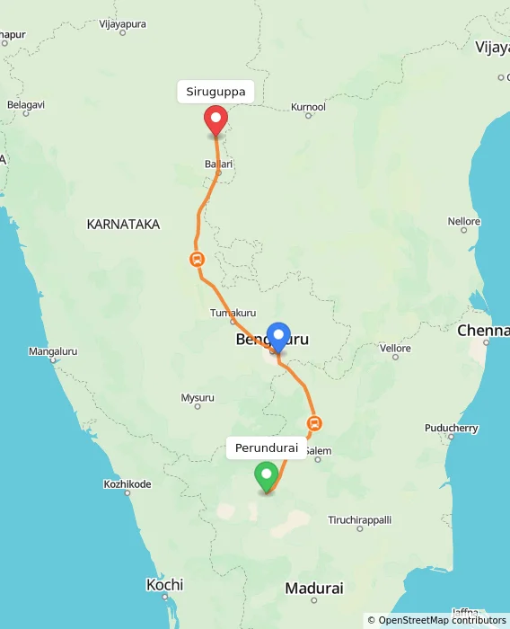 Route map showing distance and travel time from Perundurai, India to Siruguppa, India