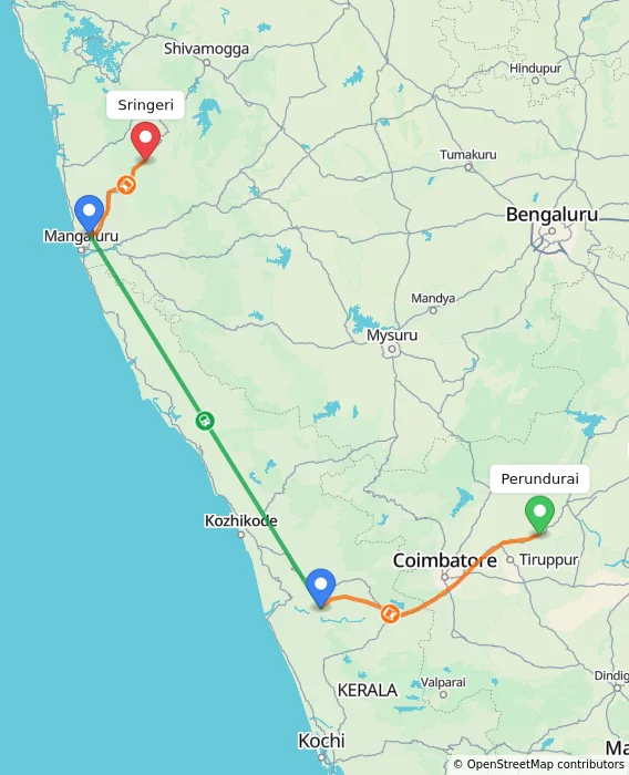 Route map showing distance and travel time from Perundurai, India to Sringeri, India