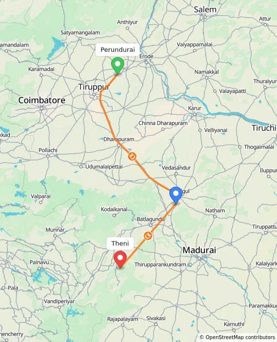 Route map showing distance and travel time from Perundurai, India to Theni, India