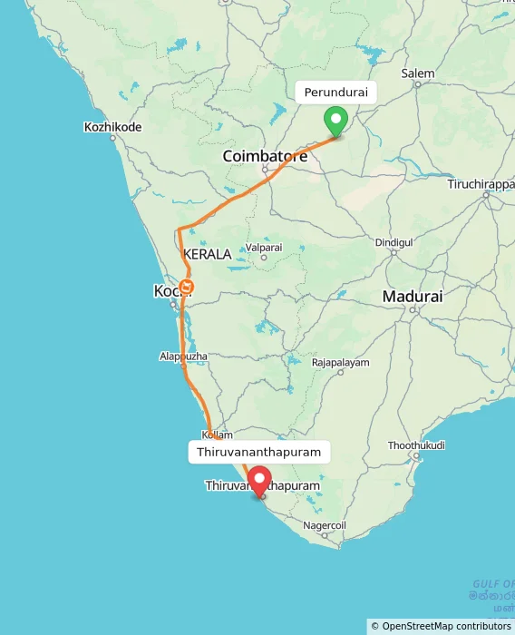 Route map showing distance and travel time from Perundurai, India to Thiruvananthapuram, India