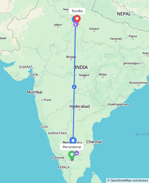 Route map showing distance and travel time from Perundurai, India to Tundla, India