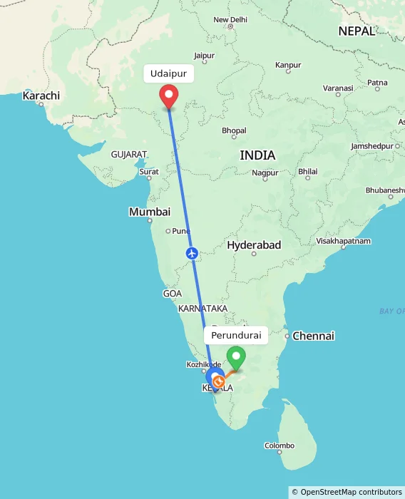 Route map showing distance and travel time from Perundurai, India to Udaipur, India