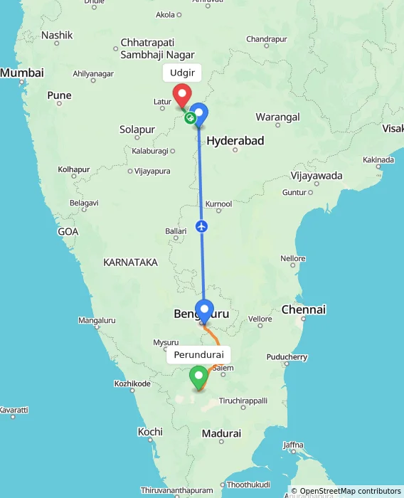 Route map showing distance and travel time from Perundurai, India to Udgir, India