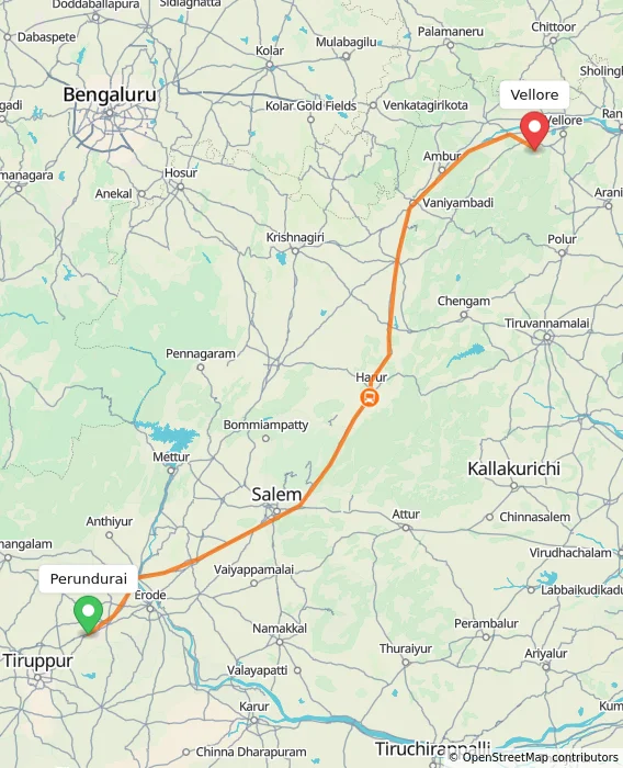 Route map showing distance and travel time from Perundurai, India to Vellore, India