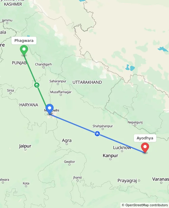 Route map showing distance and travel time from Phagwara, India to Ayodhya, India