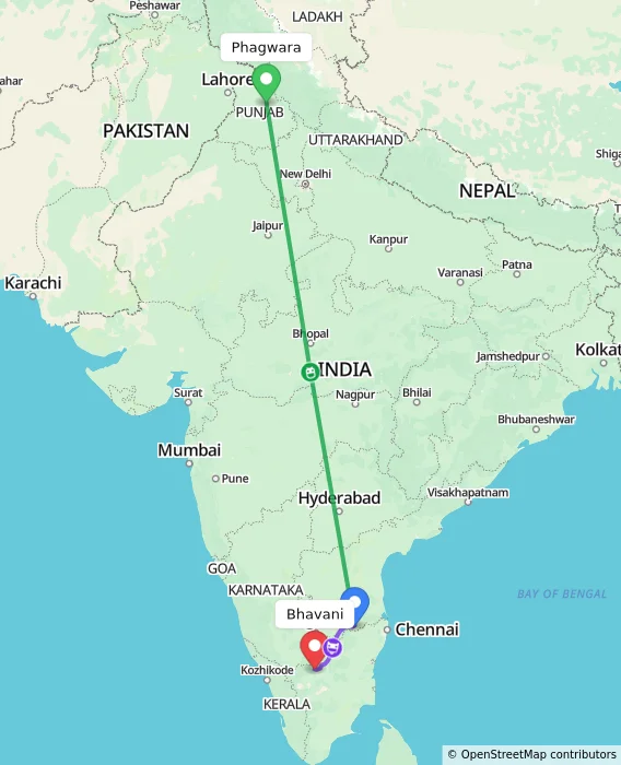 Route map showing distance and travel time from Phagwara, India to Bhavani, India